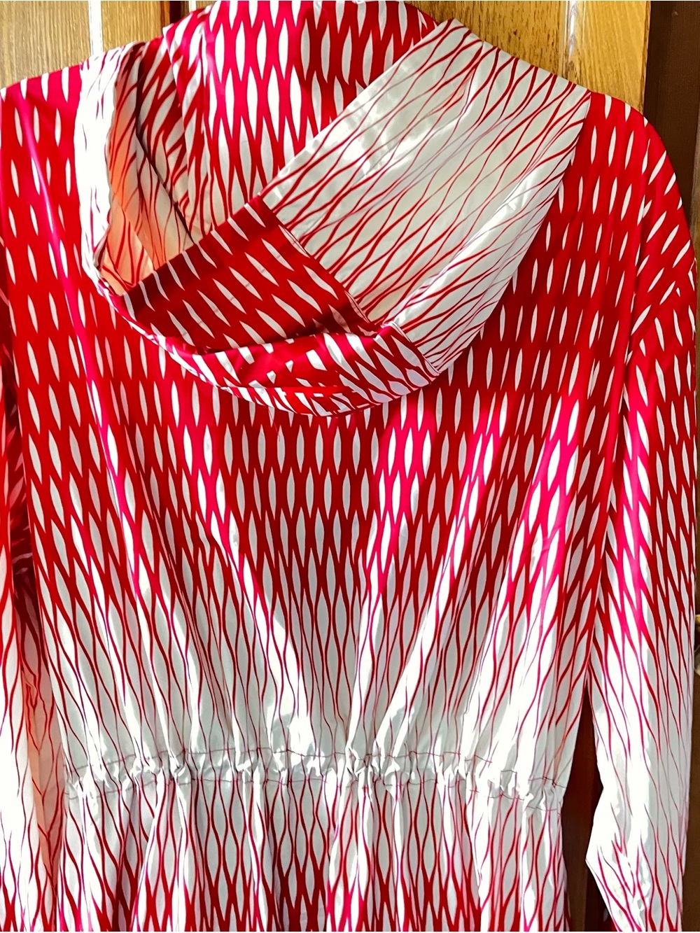 KENZO Red and White Patterned 45” Long Raincoat with Hood